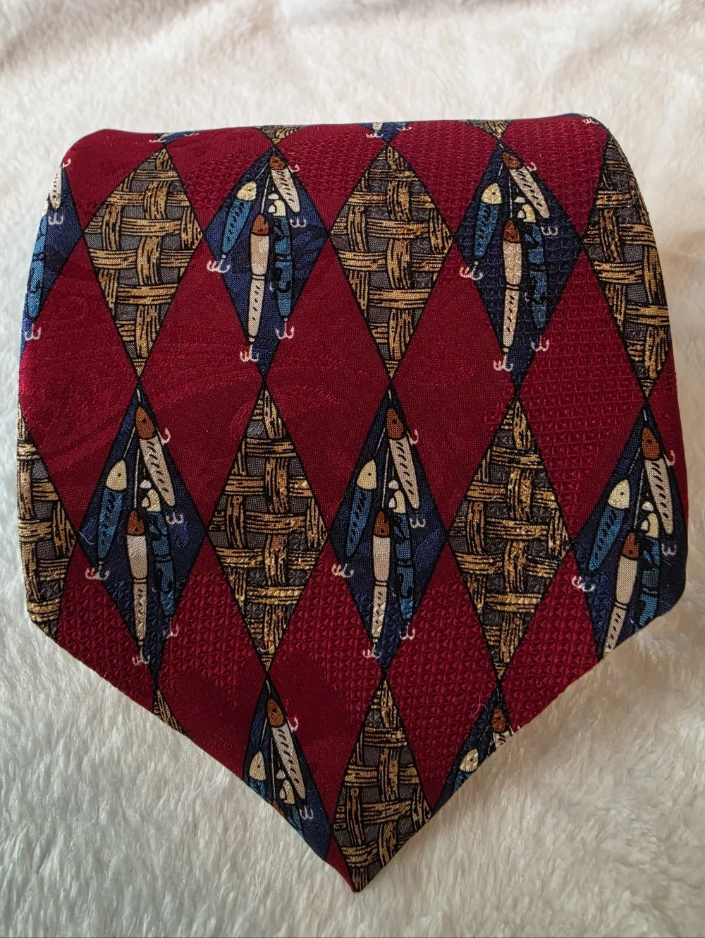 Bob Timberlake Men's Necktie 100% Silk Burgundy Fishing Lure Pattern 57